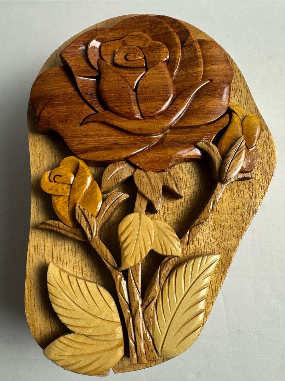 Hand-Carved Two Tone Wooden Rose Puzzle Box with Secret Compartment